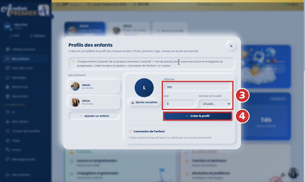 Formulaire de création de profil rempli avec le bouton Créer le profil encadré