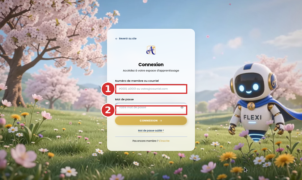 Page de connexion d'Académie Premier avec les champs numéro de membre et mot de passe encadrés en rouge