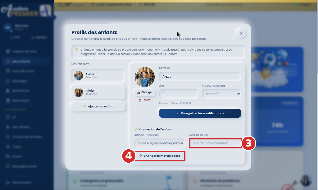 Section Connexion de l'enfant avec le champ mot de passe et le bouton Changer le mot de passe encadrés