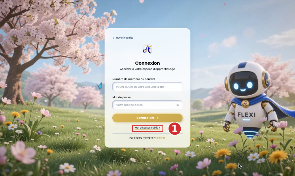Page de connexion avec le lien Mot de passe oublié encadré en rouge