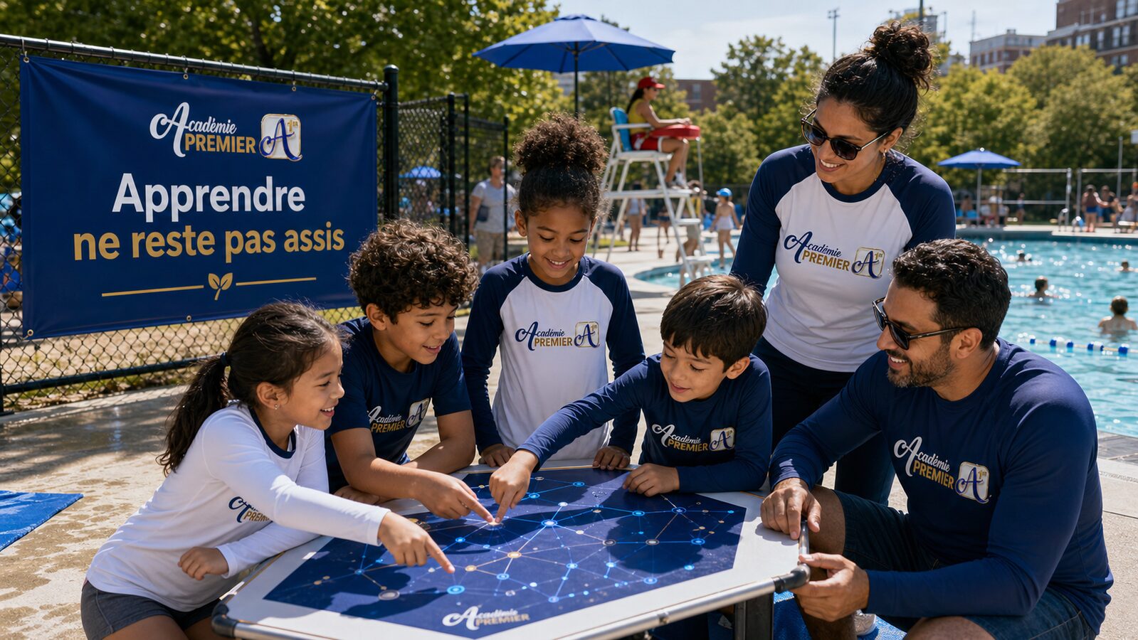 Enfants en apprentissage actif au bord d'une piscine, apprendre en bougeant