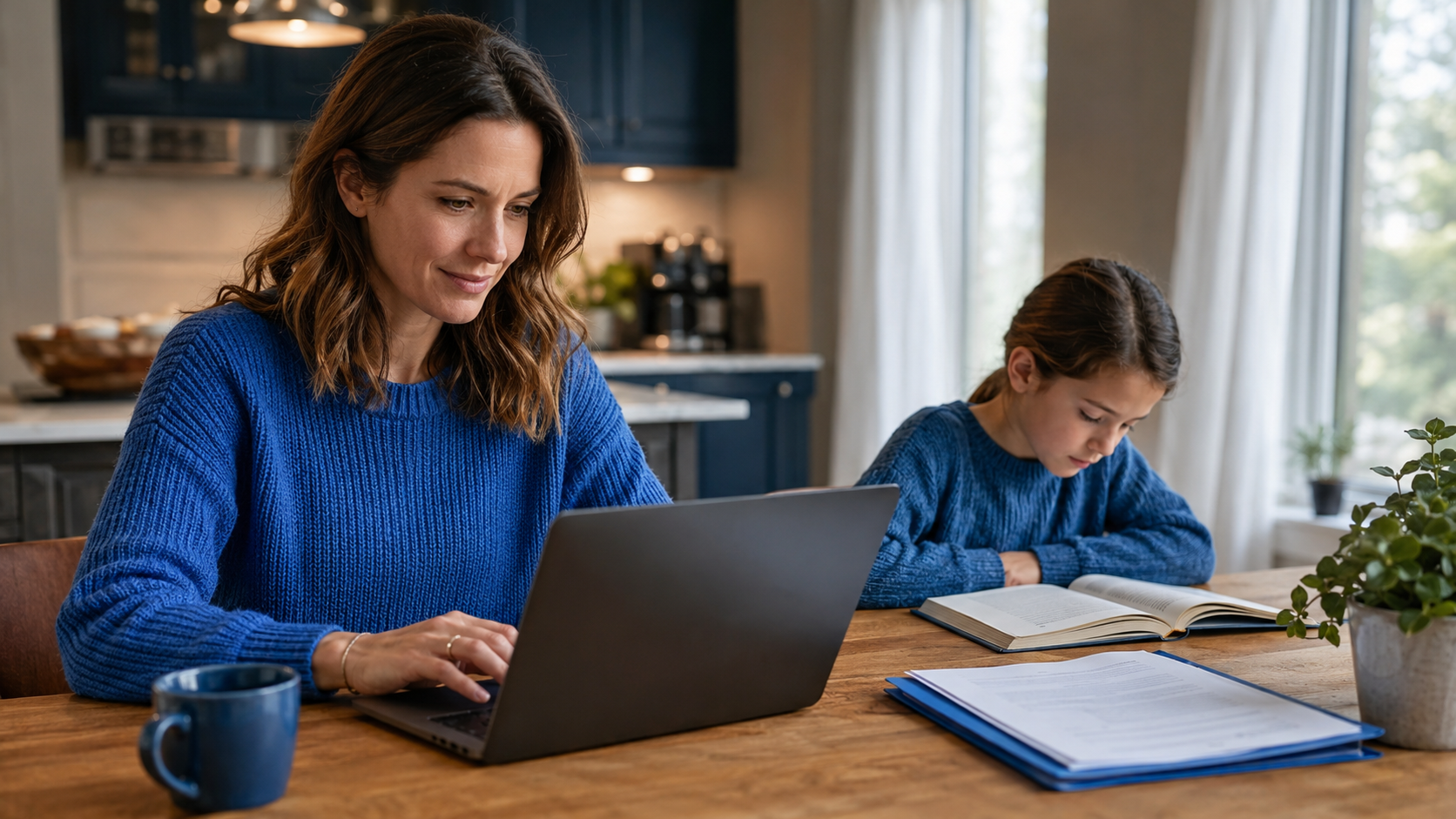 Un parent remplit calmement la démarche d'enseignement à la maison sur un ordinateur portable, un enfant d'âge primaire à proximité.