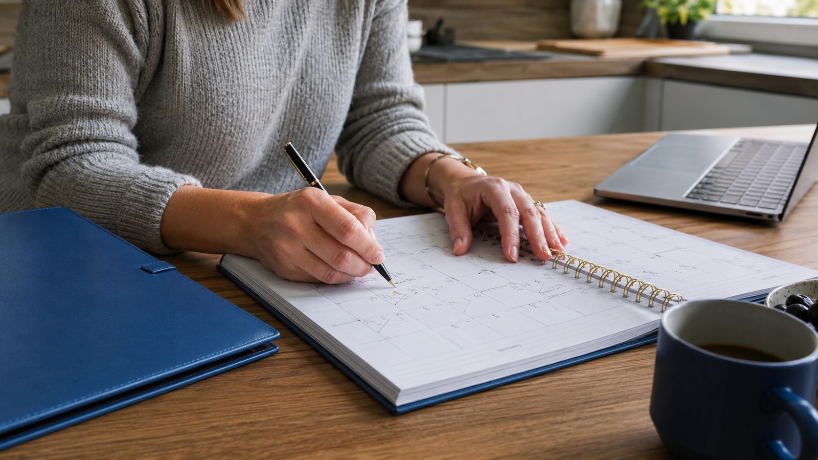 Les mains d'un parent ajoutent une échéance à un calendrier familial papier, près d'un ordinateur et d'un dossier bleu.