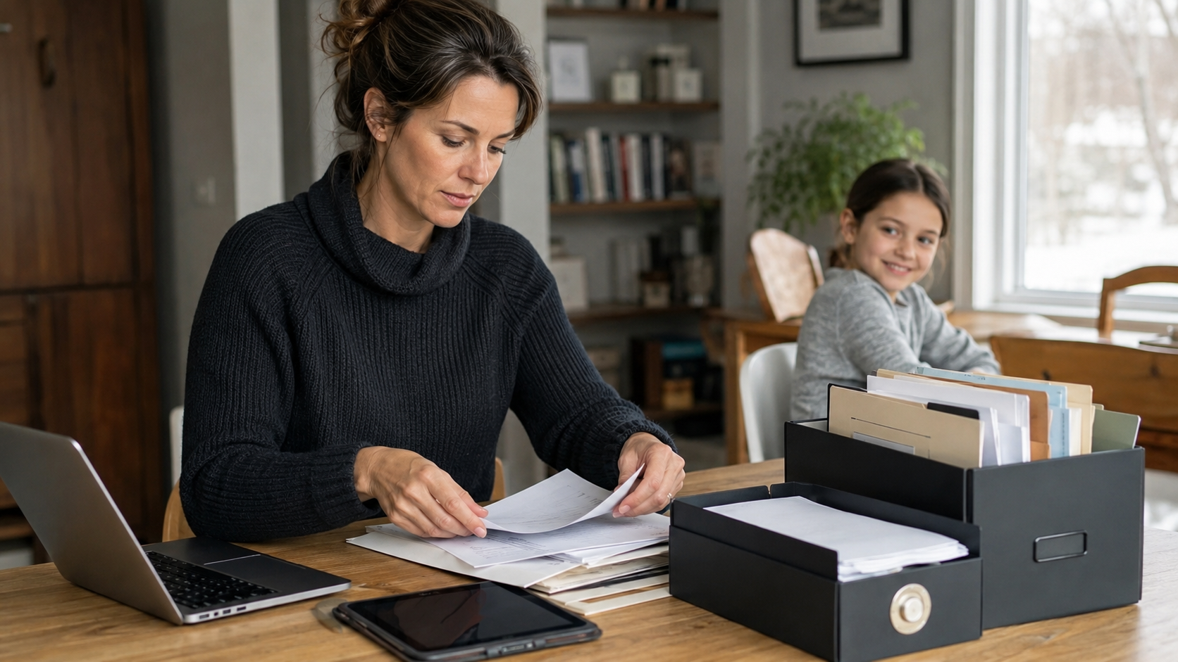Un parent classe une confirmation administrative et quelques documents dans un dossier bien organisé, un enfant souriant en arrière-plan.
