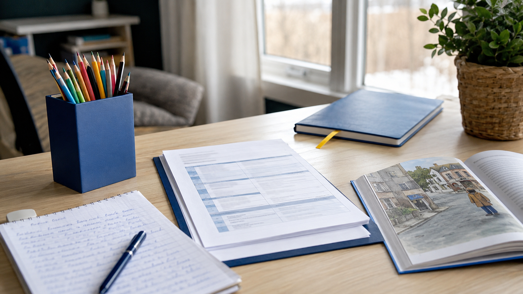 Bureau familial organisé avec projet d'apprentissage, crayons et livres