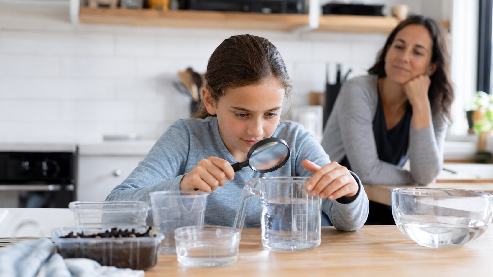 Une fillette réalise une expérience scientifique à la maison avec une loupe, sa mère observe