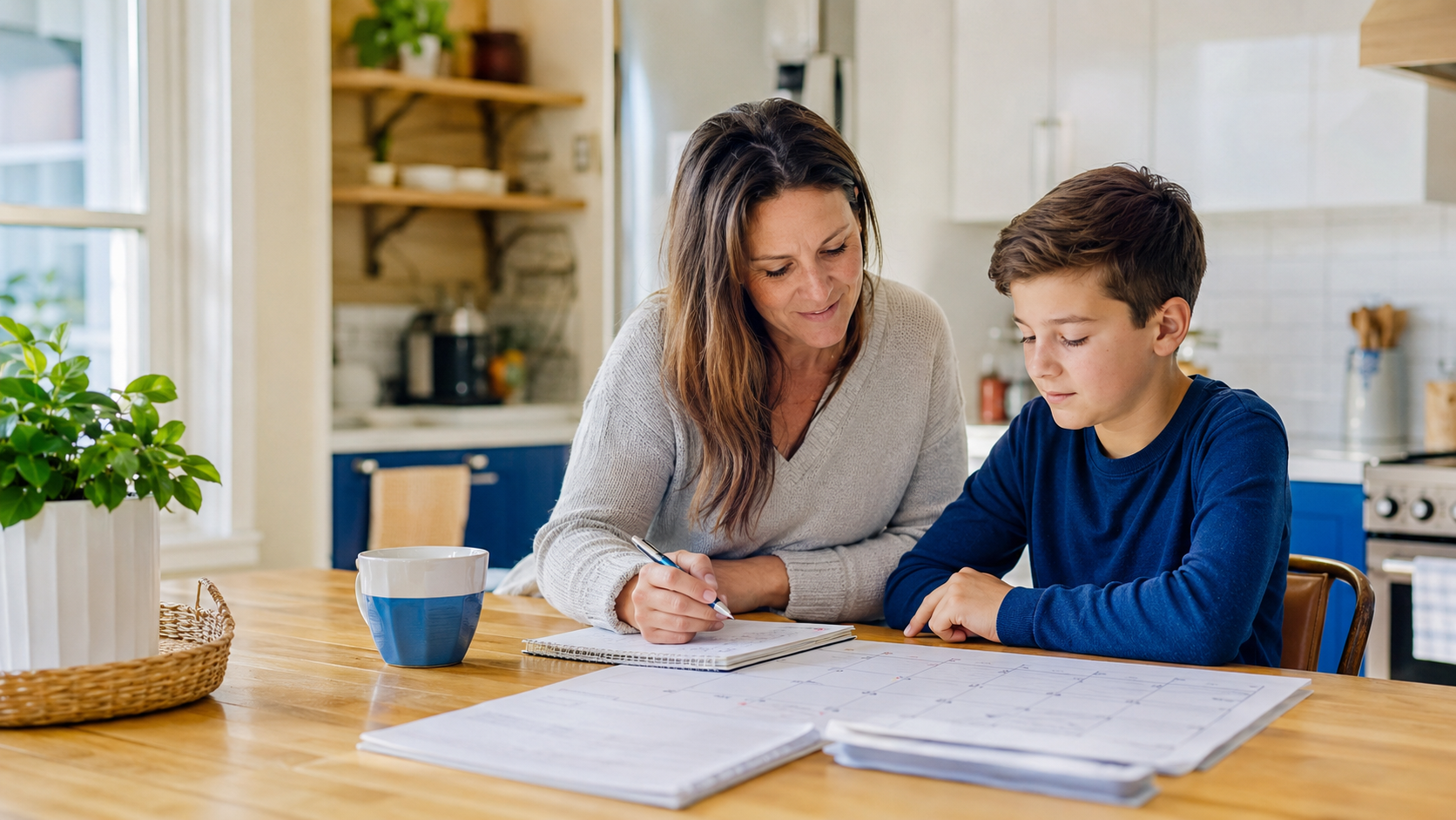 Une mère et son fils planifient ensemble l'école à la maison dans une cuisine lumineuse