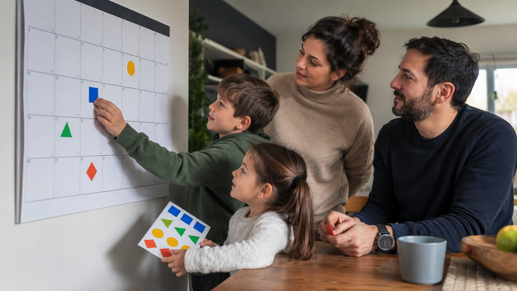 Une famille québécoise organise un grand calendrier annuel avec quatre jalons visuels, dans une maison moderne.