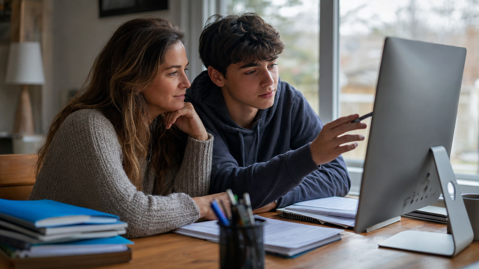 Un adolescent vérifie un calendrier d'épreuves avec son parent sur ordinateur, dans un environnement familial serein.