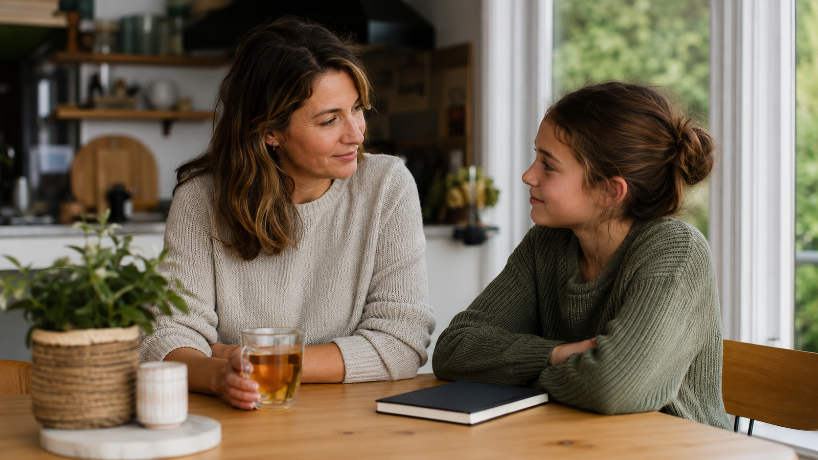 Un parent et son enfant discutent calmement autour d'une tisane à la table de cuisine