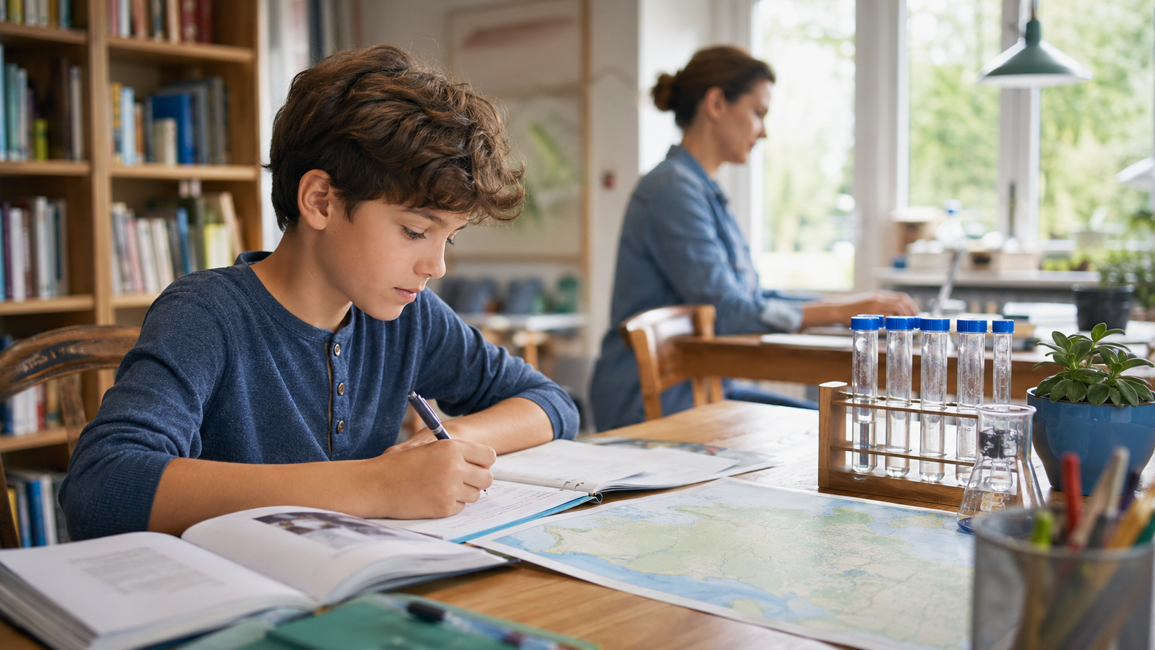 Un garçon apprend à la maison avec livres, carte et matériel de sciences