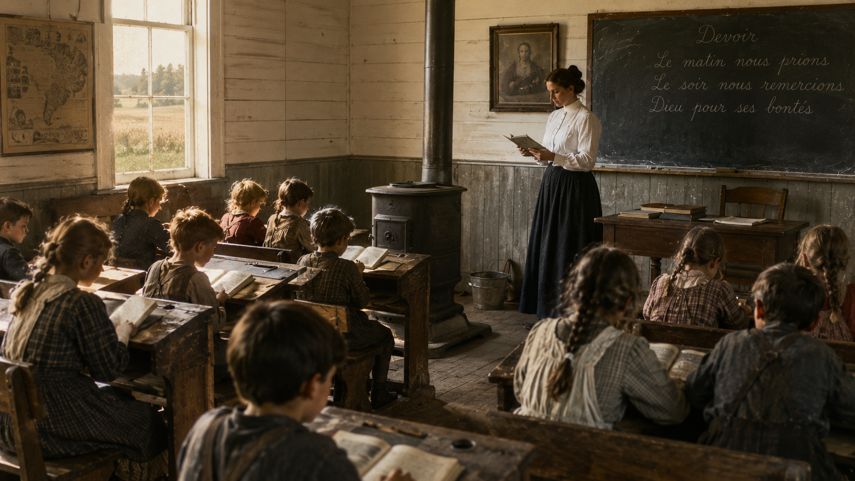 Une classe d'école de rang québécoise avec des élèves de tous les âges