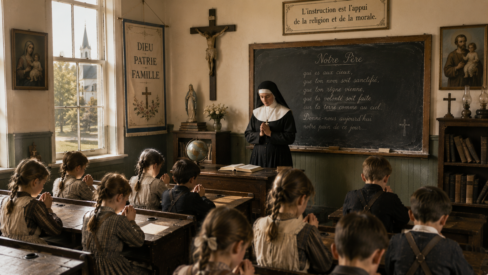 Salle de classe québécoise avec crucifix, dirigée par une communauté religieuse