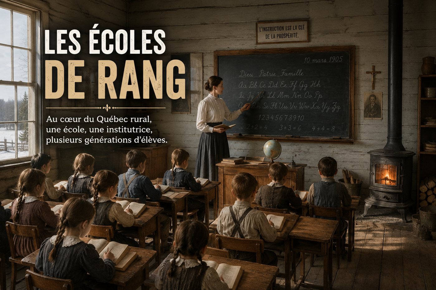 Leçons de morale au tableau et élèves en classe unique dans une école de rang