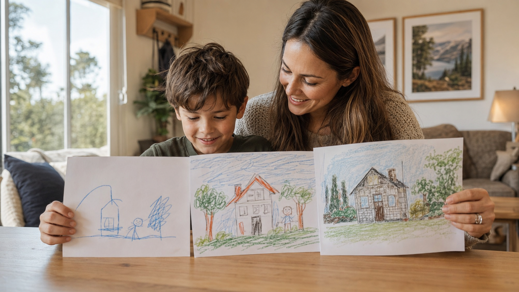 Un parent et un enfant observent une série de trois productions montrant une amélioration, avec des expressions fières et naturelles.