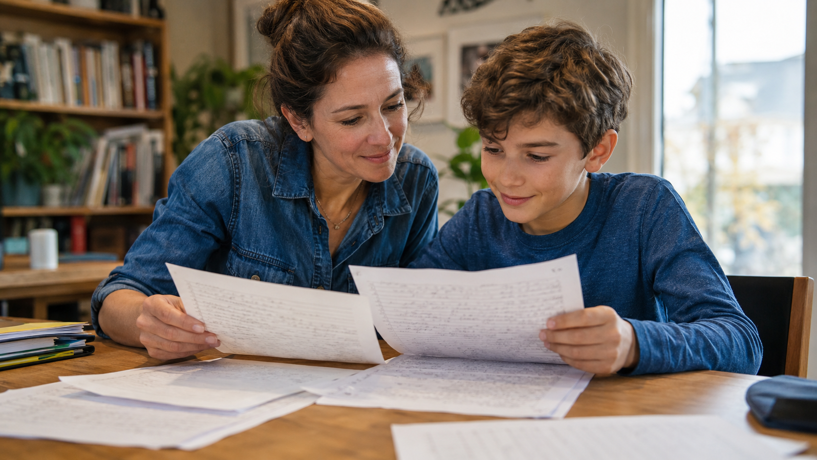 Un parent et un enfant comparent deux versions datées d'un même texte et observent les progrès.