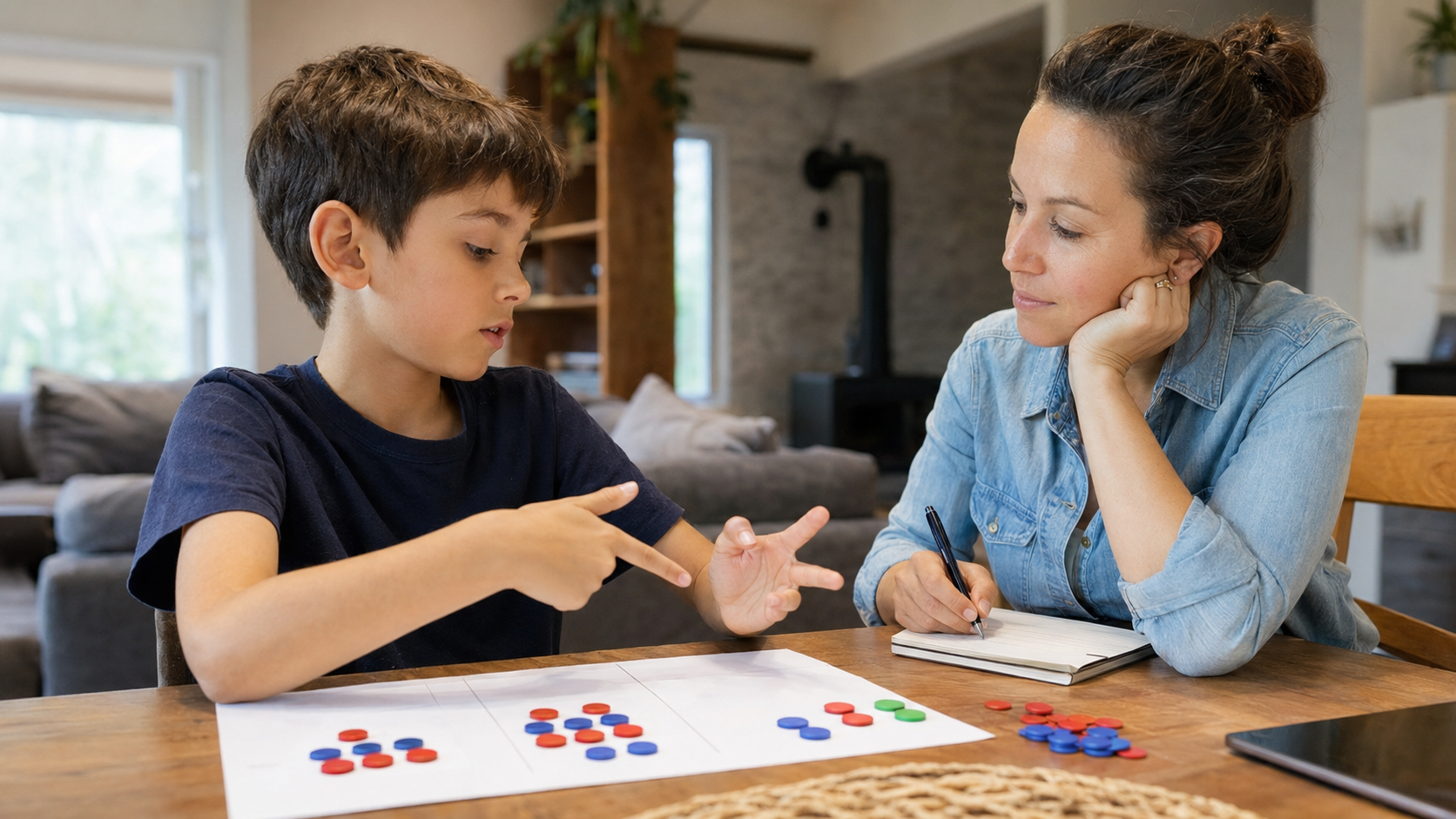 Un enfant explique sa stratégie mathématique avec du matériel concret pendant qu'un parent prend une note d'observation.