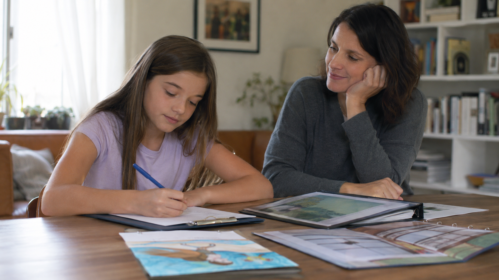Une préadolescente remplit calmement une courte autoévaluation près de son portfolio, un parent à proximité.