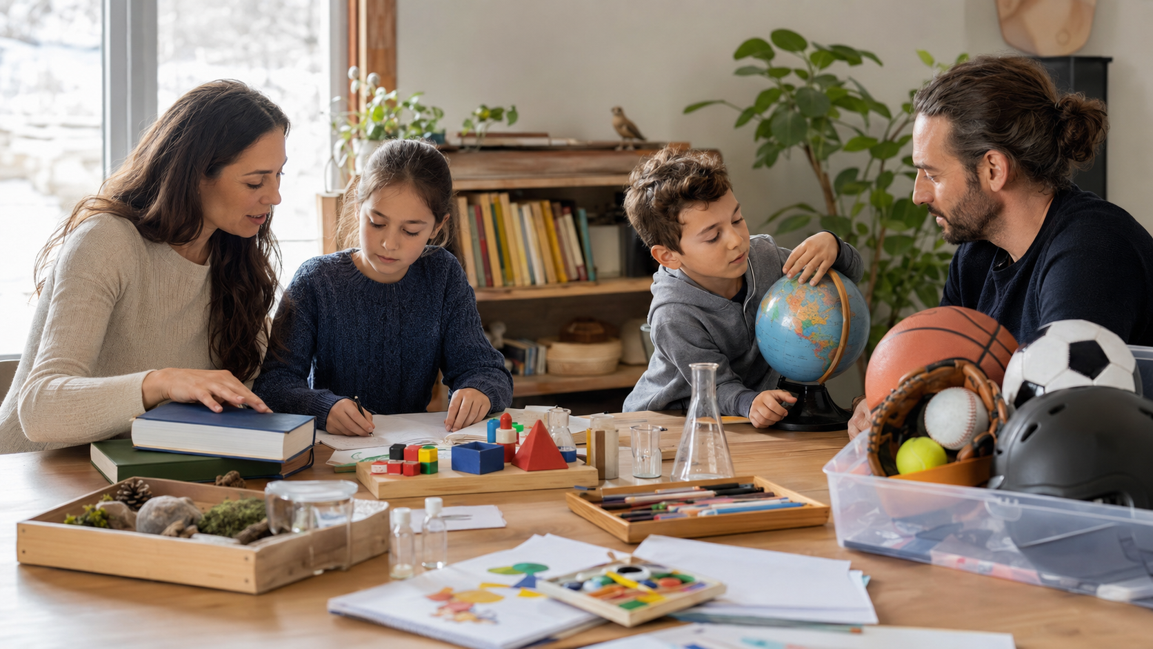 Une famille québécoise organise différentes matières : livres, matériel scientifique, globe, instruments artistiques et de mathématiques.