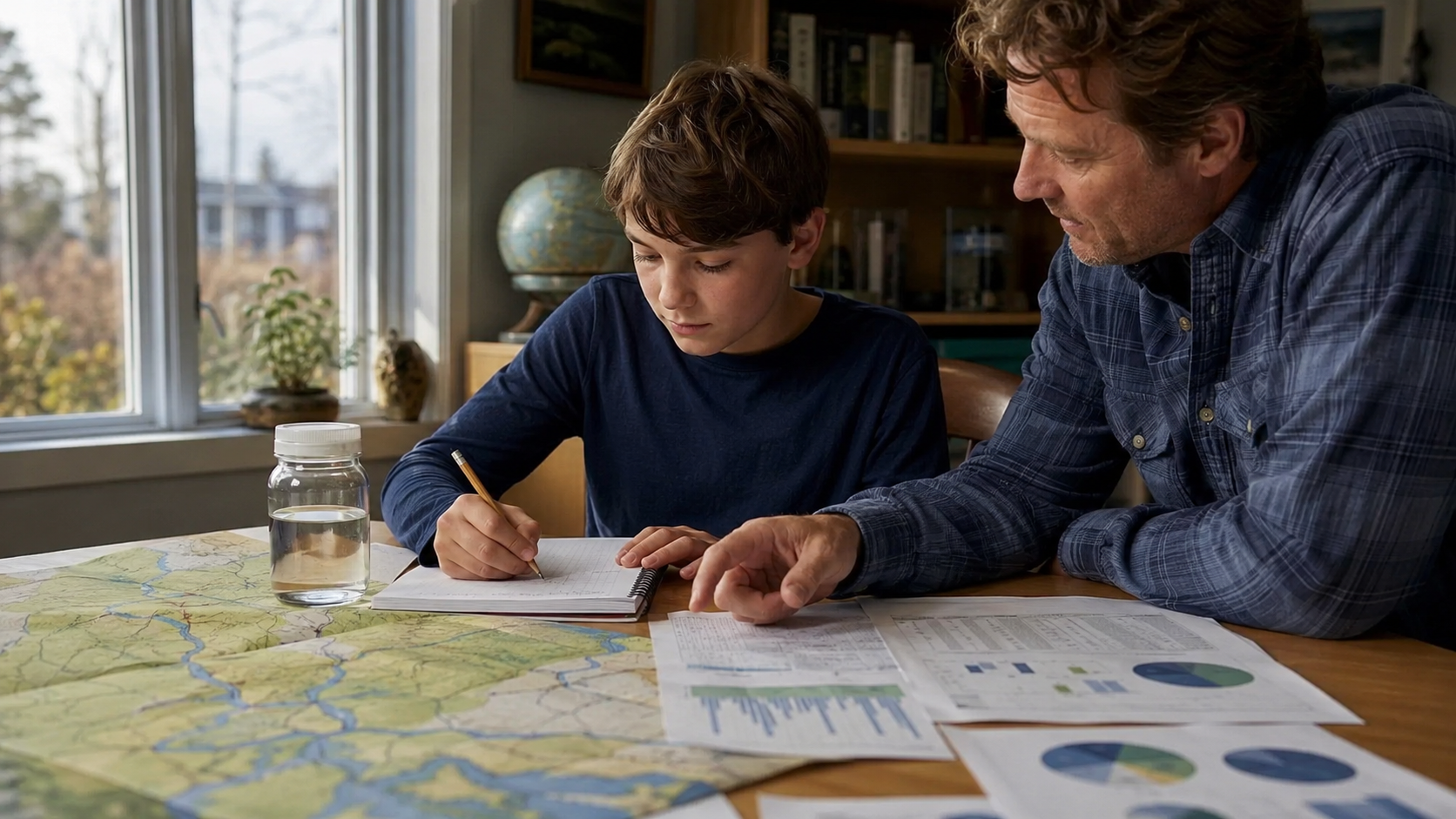 Un enfant réalise un projet interdisciplinaire sur une rivière locale avec une carte, un échantillon d'eau, un carnet et des calculs, accompagné d'un parent.