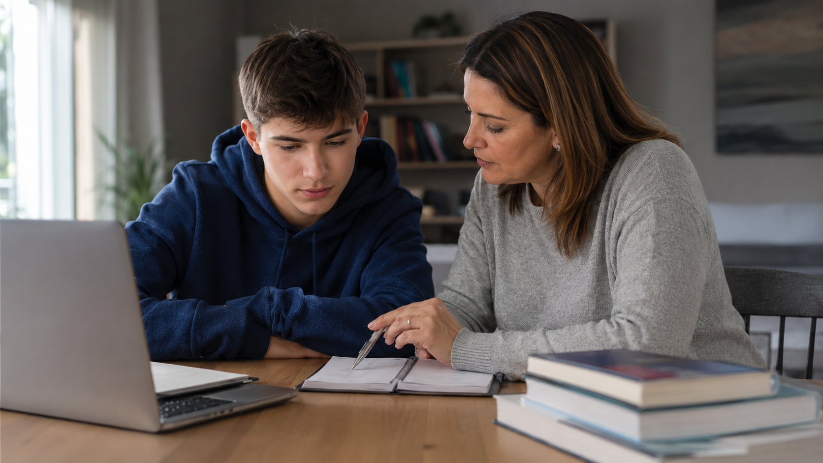 Un adolescent et un parent planifient des cours du secondaire avec un agenda, un ordinateur et des manuels, dans une ambiance sérieuse et rassurante.