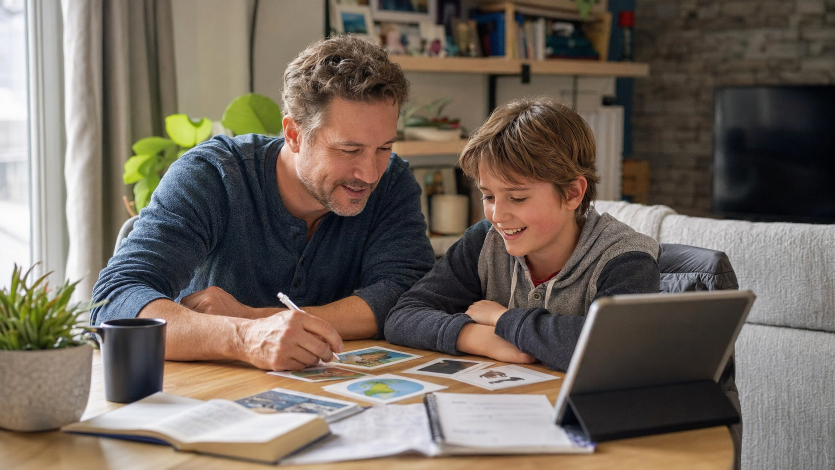 Un parent et son enfant planifient ensemble le projet d'apprentissage à la table de cuisine, dans une ambiance calme et concentrée.