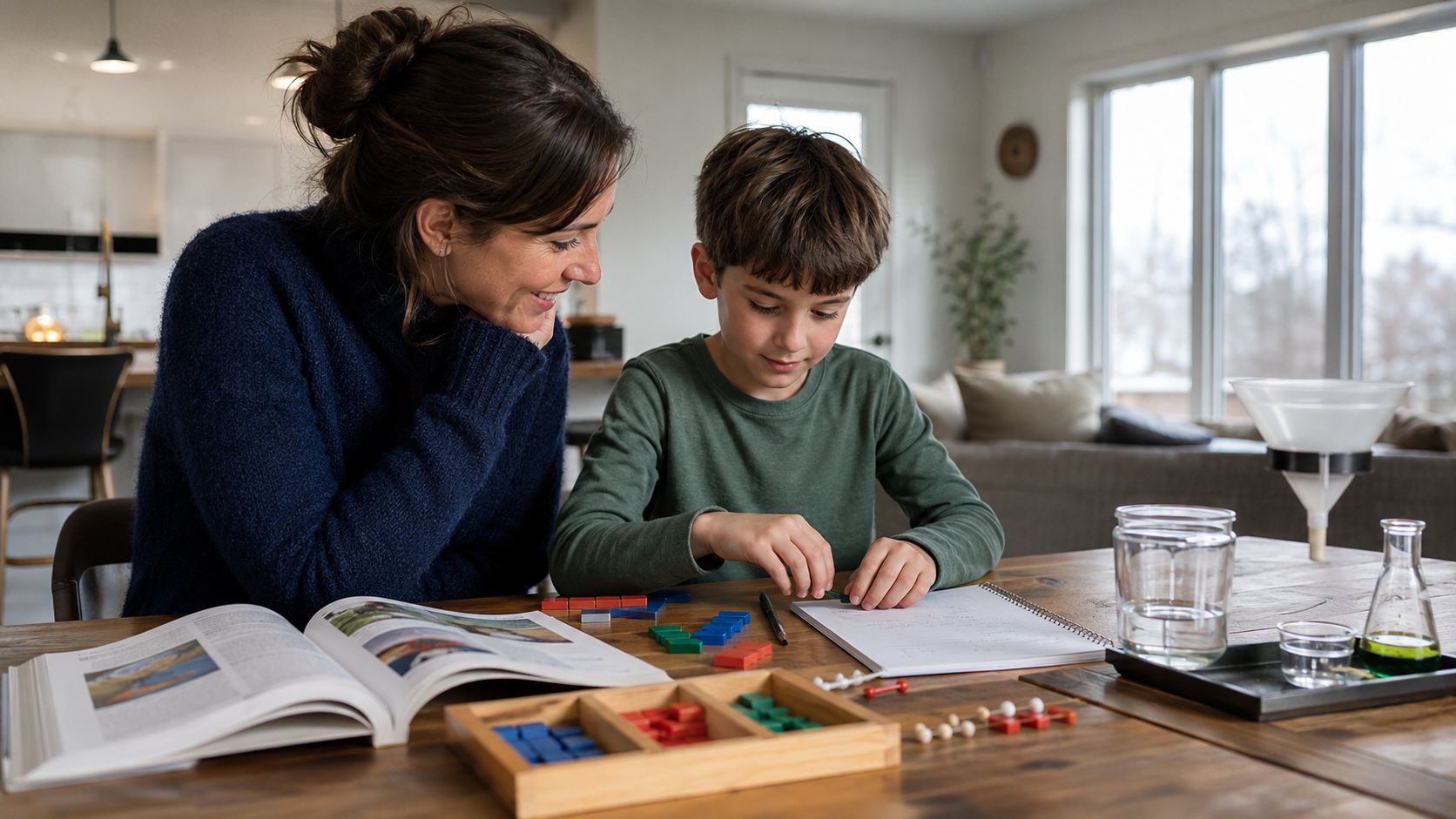 Des ressources d'apprentissage variées - livres, matériel de manipulation, tablette et cahiers - disposées sur une table de travail.