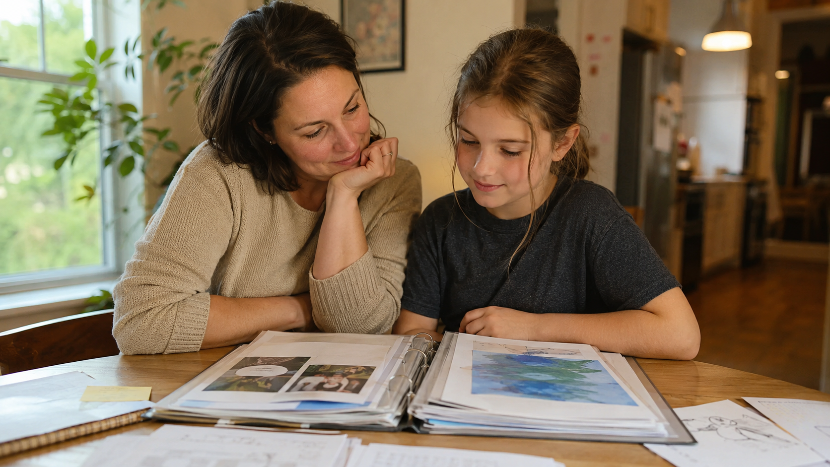 Un portfolio d'apprentissage montrant la progression de l'enfant : travaux datés, textes et projets classés dans une chemise.