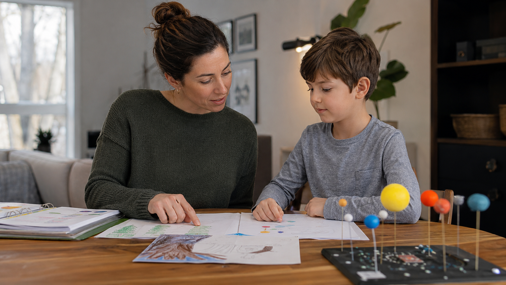 Un parent et un enfant préparent calmement quelques travaux et un projet avant une rencontre virtuelle, dans une maison québécoise.