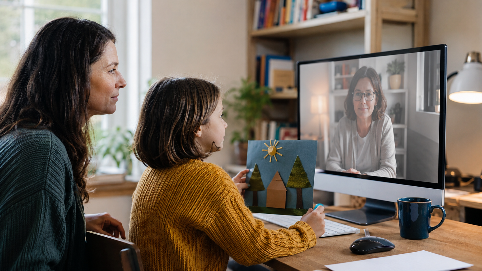 Un parent et un enfant sont devant un ordinateur pendant une rencontre vidéo professionnelle.