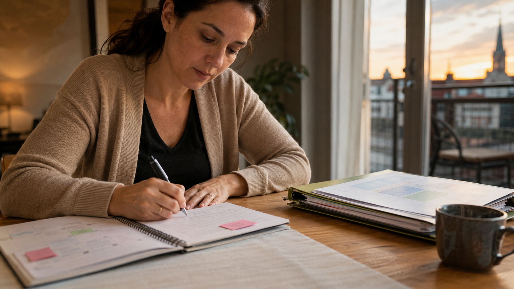 Les mains d'un parent prennent des notes d'action après une rencontre, un portfolio et un calendrier à proximité.