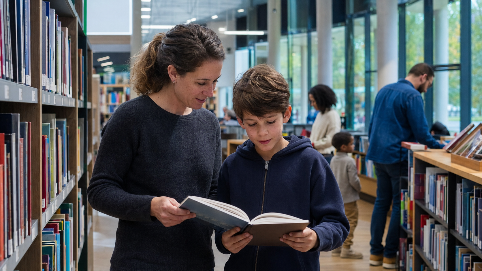 Un enfant scolarisé à la maison et un parent consultent des livres dans une bibliothèque scolaire moderne au Québec.