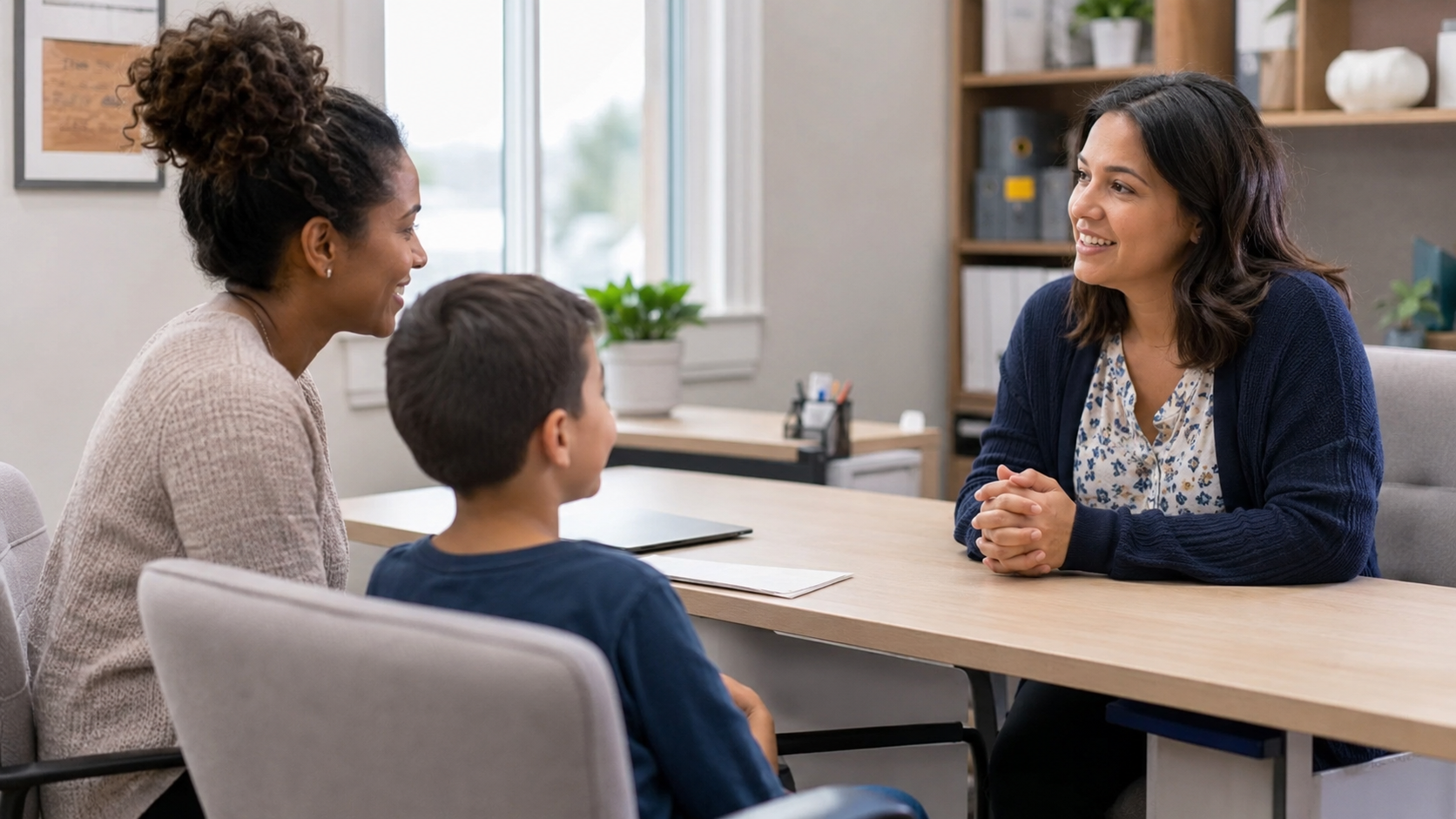Un parent et un enfant rencontrent une professionnelle de l'apprentissage dans un bureau accueillant.