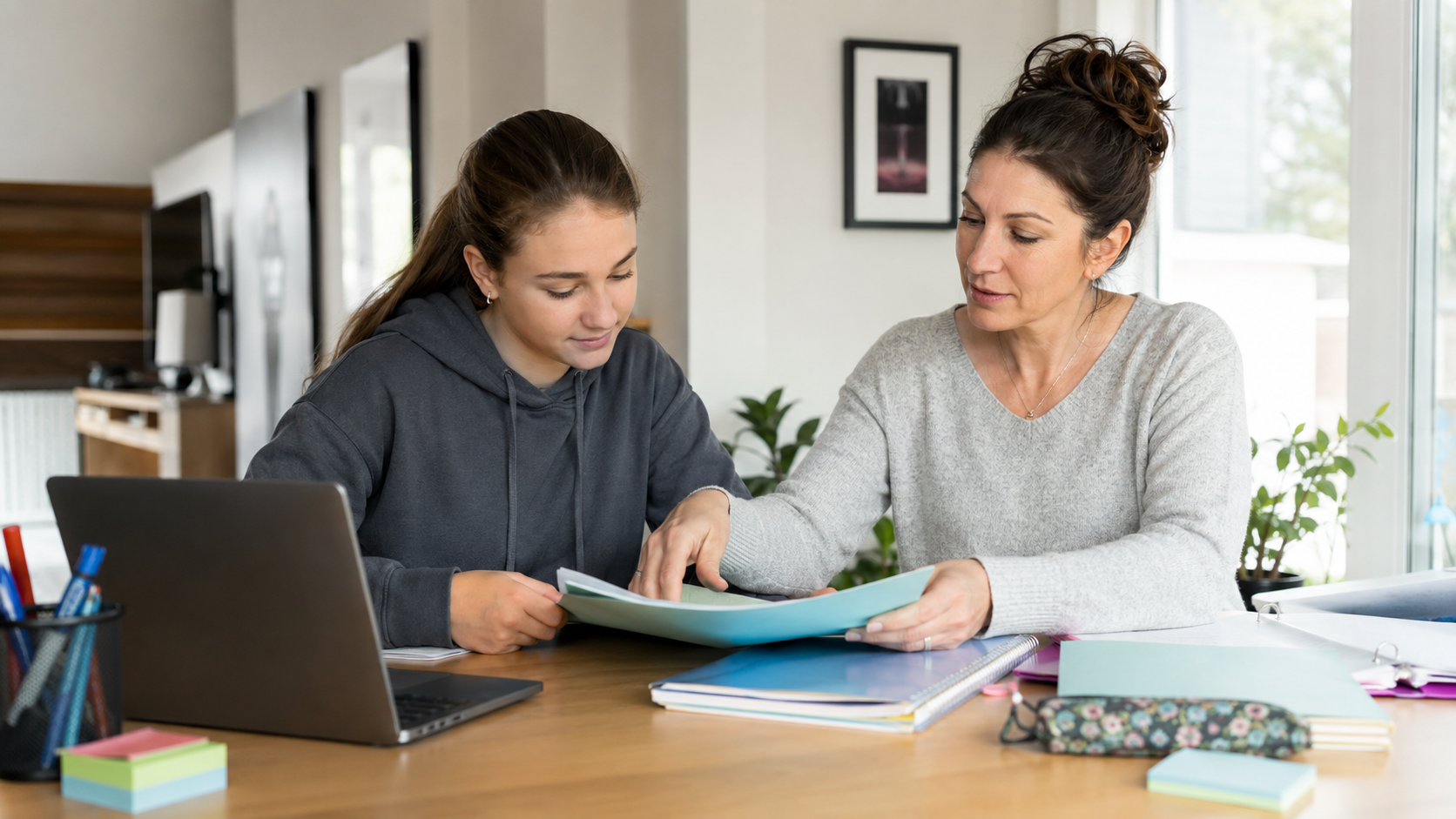 Un adolescent et un parent préparent calmement un dossier pour une épreuve officielle, avec un calendrier et du matériel scolaire.