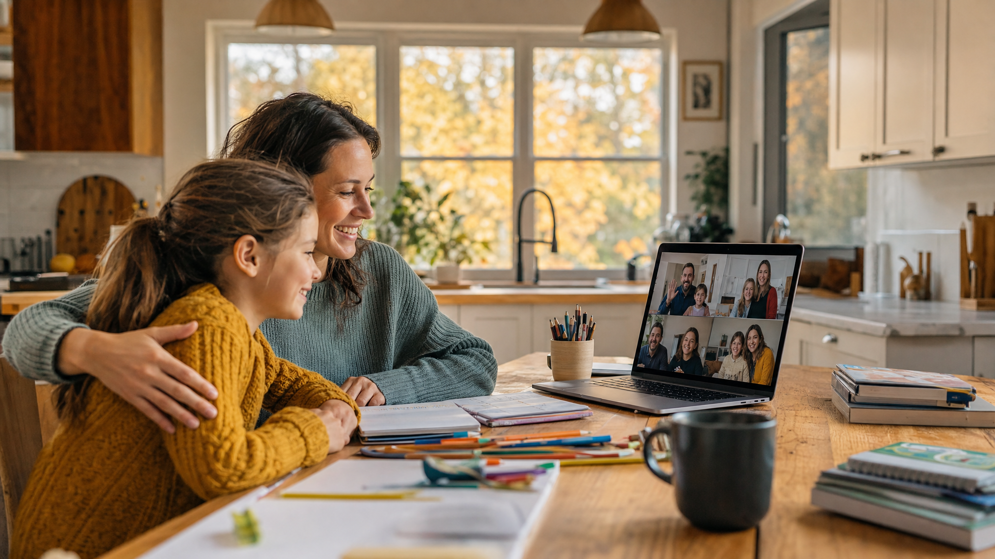 Mère et enfant connectés avec d'autres familles lors de l'école à la maison