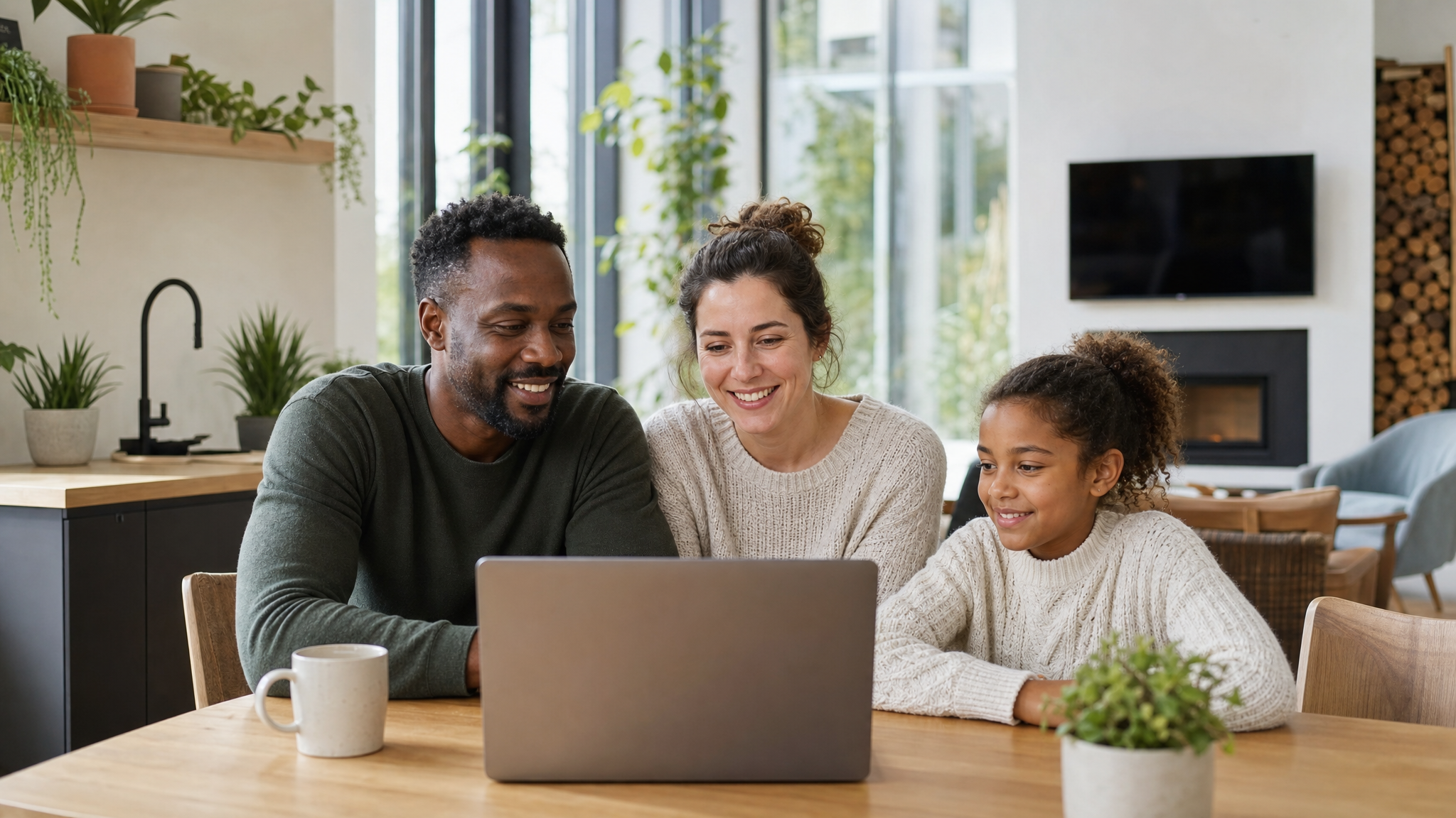 Famille québécoise heureuse communiquant avec Académie Premier depuis leur maison