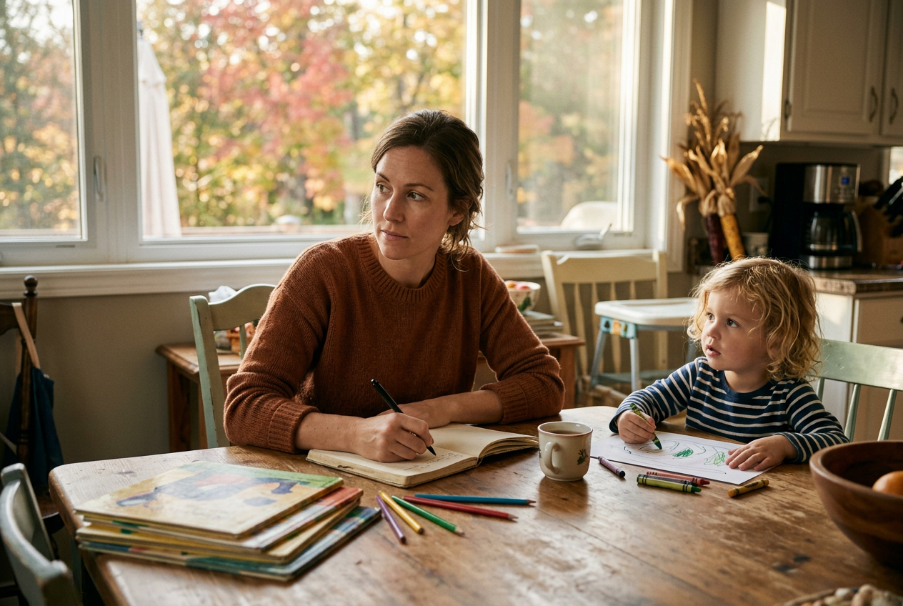 Parent écrivant à la main dans un carnet sur une table de cuisine, entouré de livres jeunesse, un enfant dessinant à côté, lumière d’octobre