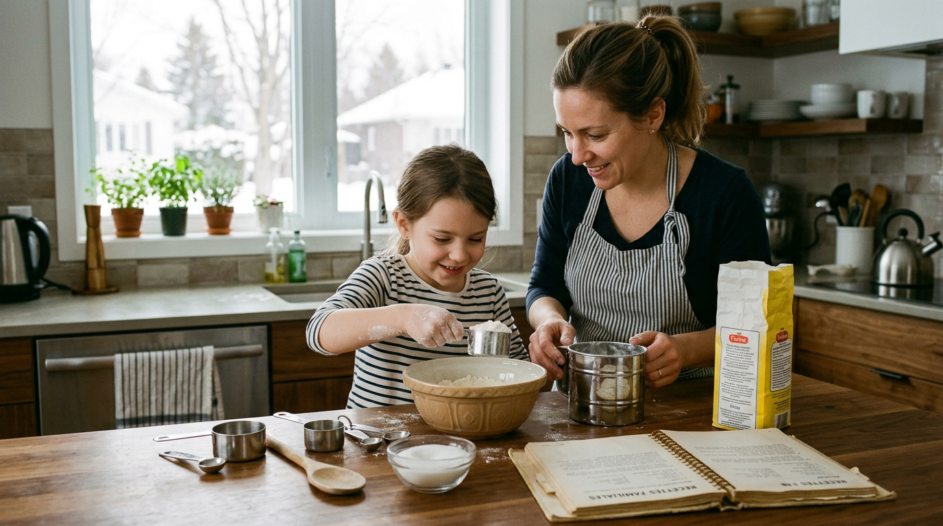 Un parent et un enfant cuisinent ensemble en mesurant des ingrédients, apprentissage concret par l'expérience