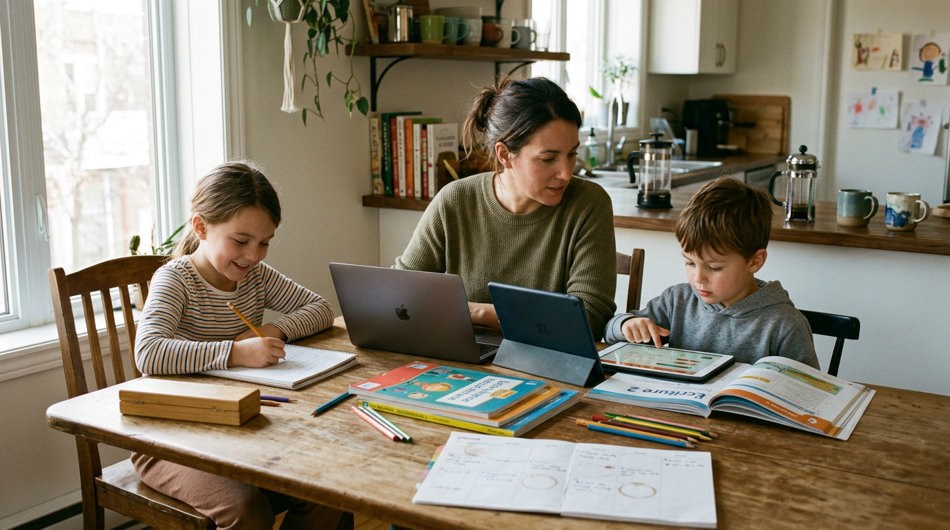 Un parent québécois accompagne deux enfants d'âge scolaire autour de la table de cuisine, ordinateur, cahiers et livres, fin d'été