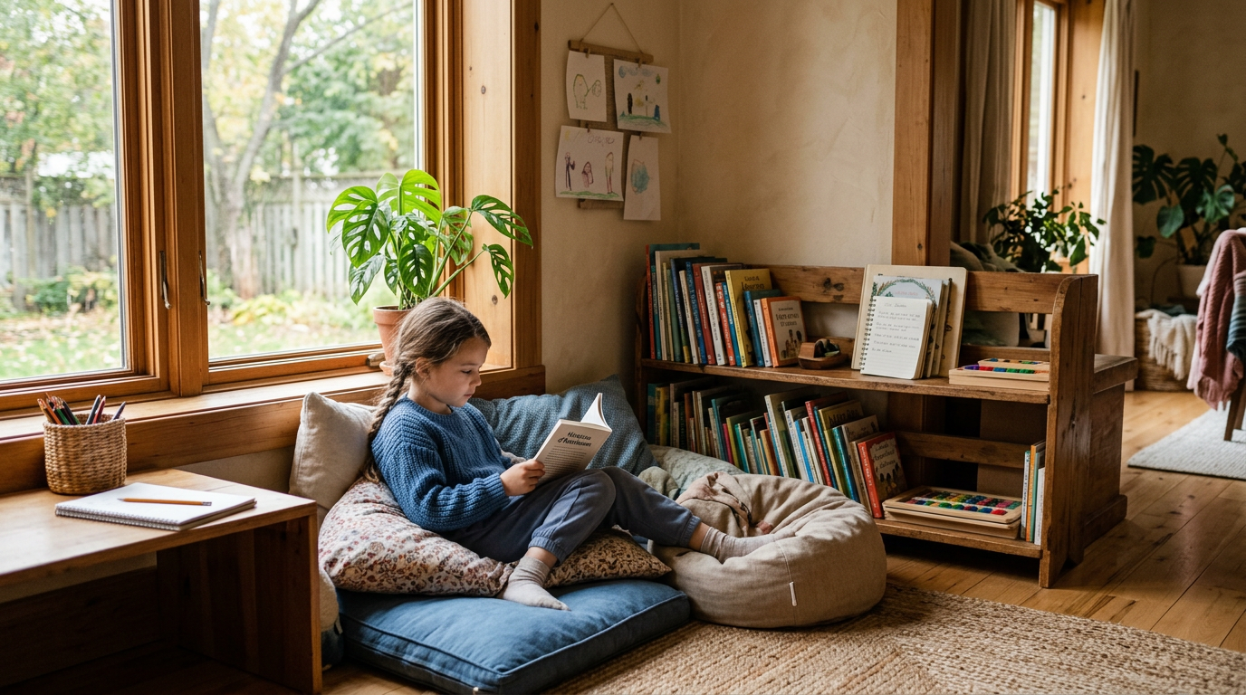 Coin d'apprentissage flexible près d'une fenêtre, enfant concentré, coussins et plante verte, lumière du matin