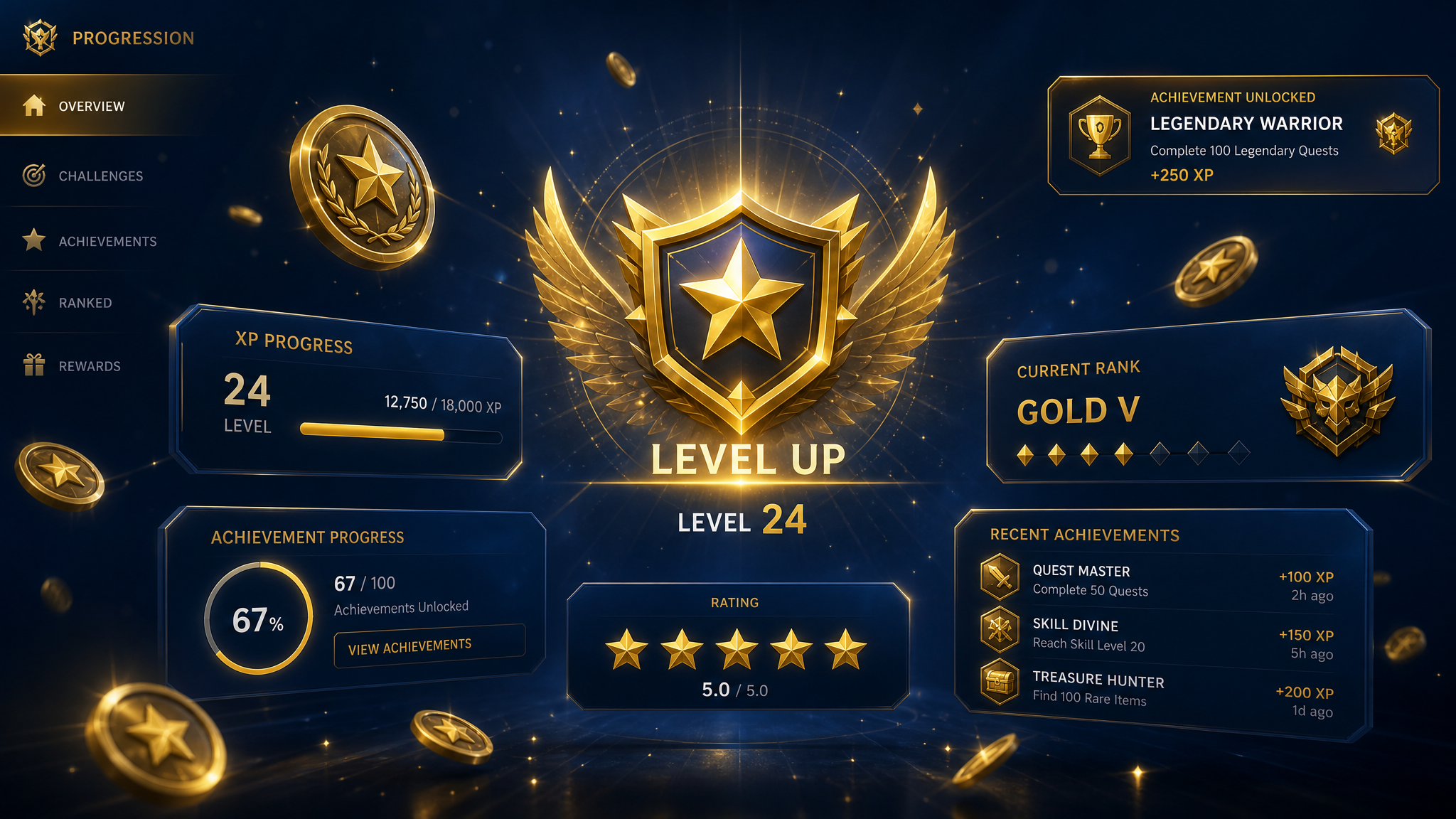 Système de progression FLEX — badges dorés, niveaux et barres d'expérience