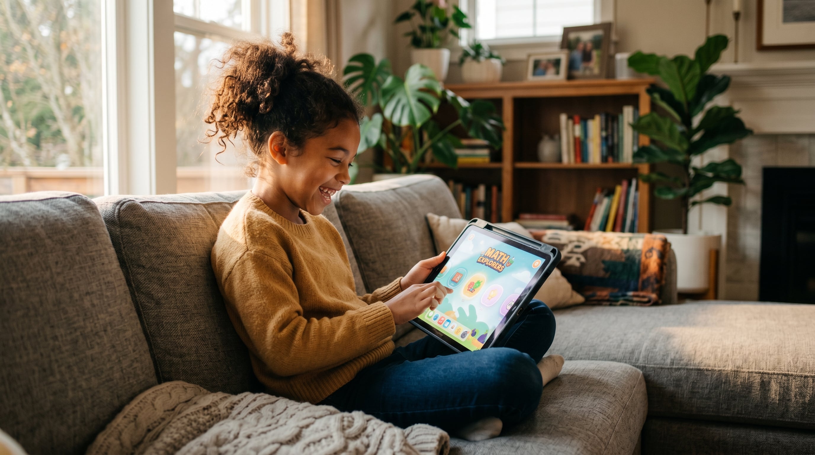 Enfant souriant jouant à un jeu éducatif FLEX sur sa tablette dans un salon chaleureux