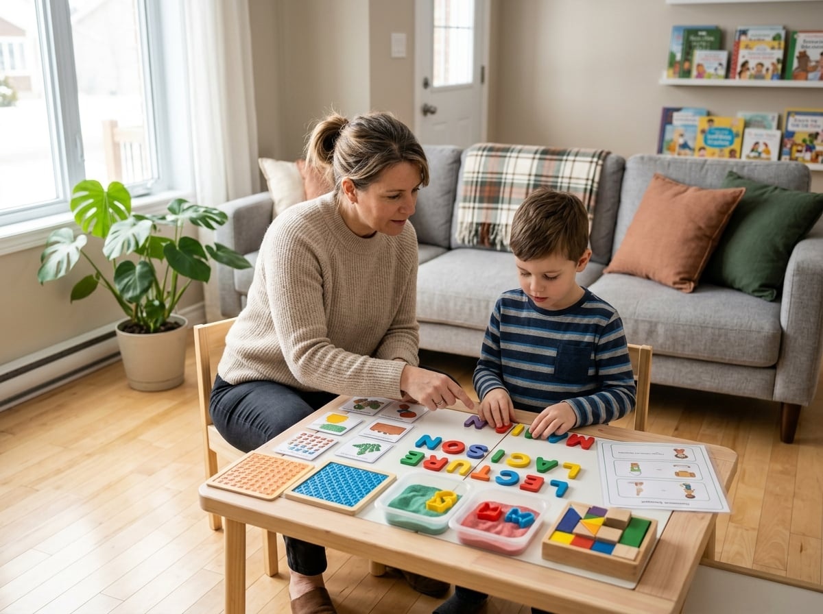 Une orthopédagogue accompagne un enfant avec du matériel de manipulation adapté