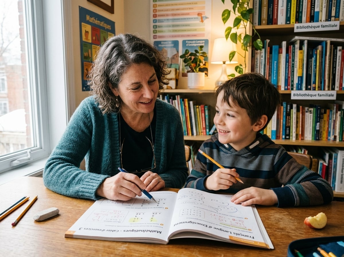 Un enseignant qualifié aide un enfant du primaire avec un cahier d’exercices
