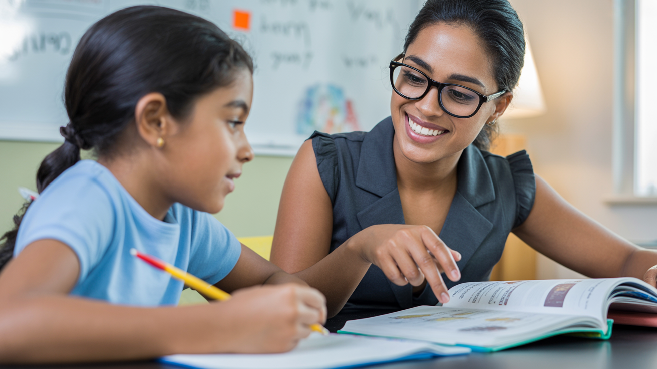 Un enseignant explique une notion à un enfant souriant pendant une séance de tutorat individuelle