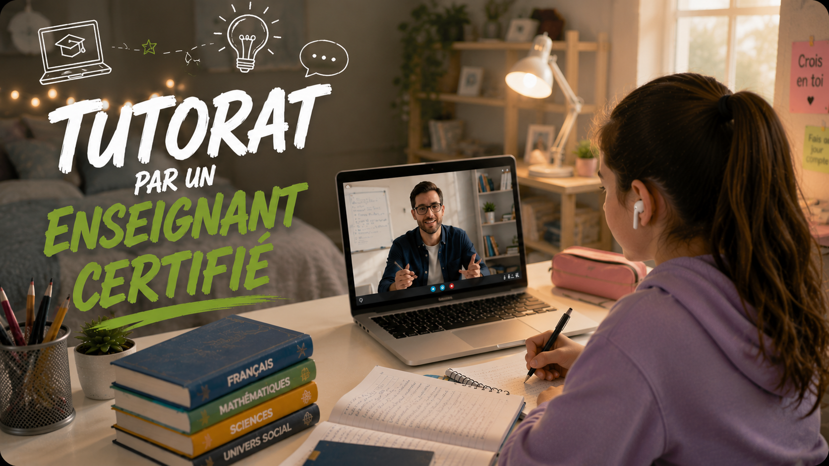 Rencontre de tutorat en ligne entre un enseignant certifié et une élève