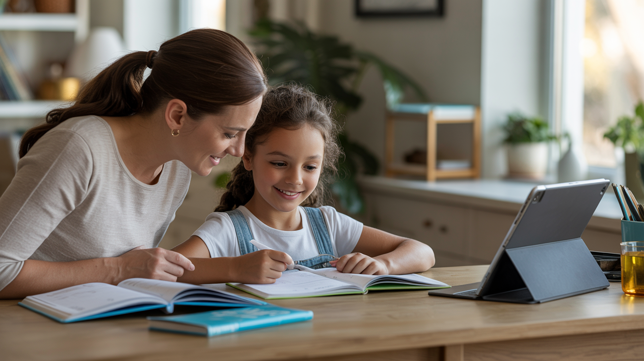 Parent qui accompagne son enfant du primaire à la maison