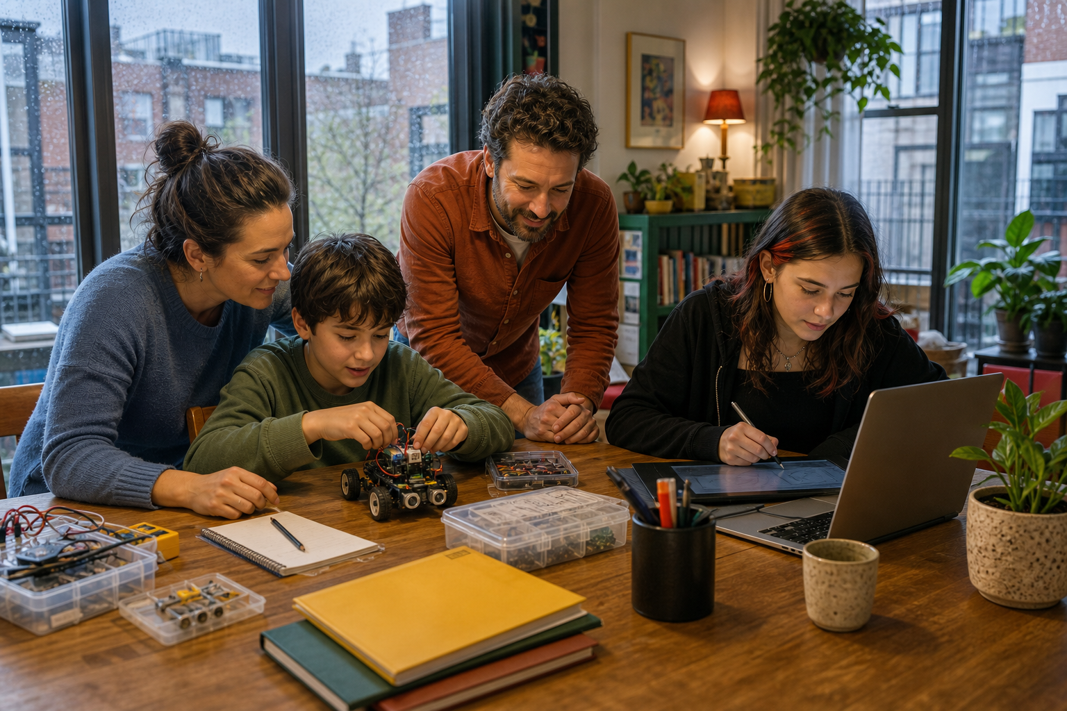 Une famille accompagne ses enfants dans un projet de robotique et de dessin à la maison