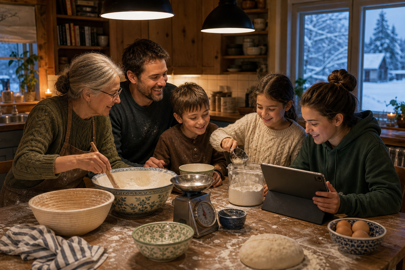 Un parent et un grand-parent accompagnent trois enfants dans une activité d’apprentissage à la cuisine