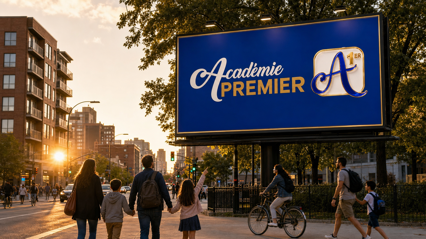 Panneau d'affichage Académie Premier dans une rue de Montréal au coucher du soleil